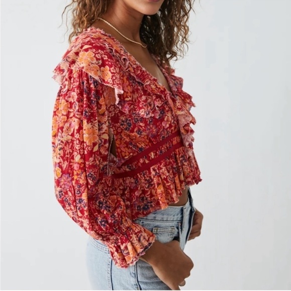 Free People Rudi Ruffle Top in Cherry Combo, Size Small - Picture 3 of 17